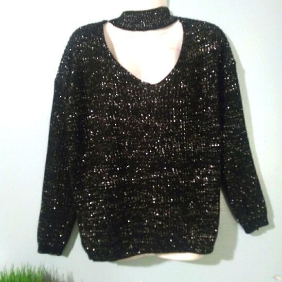 Boohoo black and metallic sweater with choker collar - Picture 1 of 9